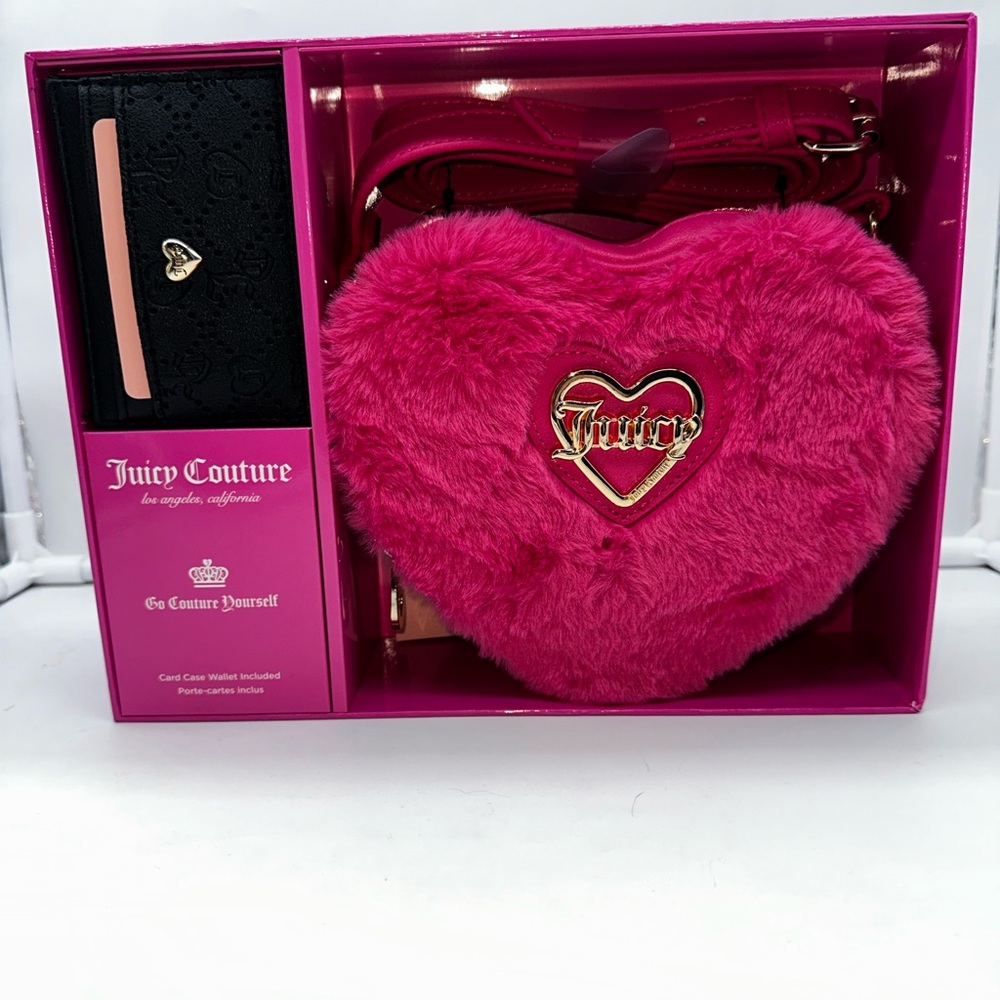 NWT Juicy Couture Free Love Faux Fur Heart Crossbody Bag & Card Case Gift Set